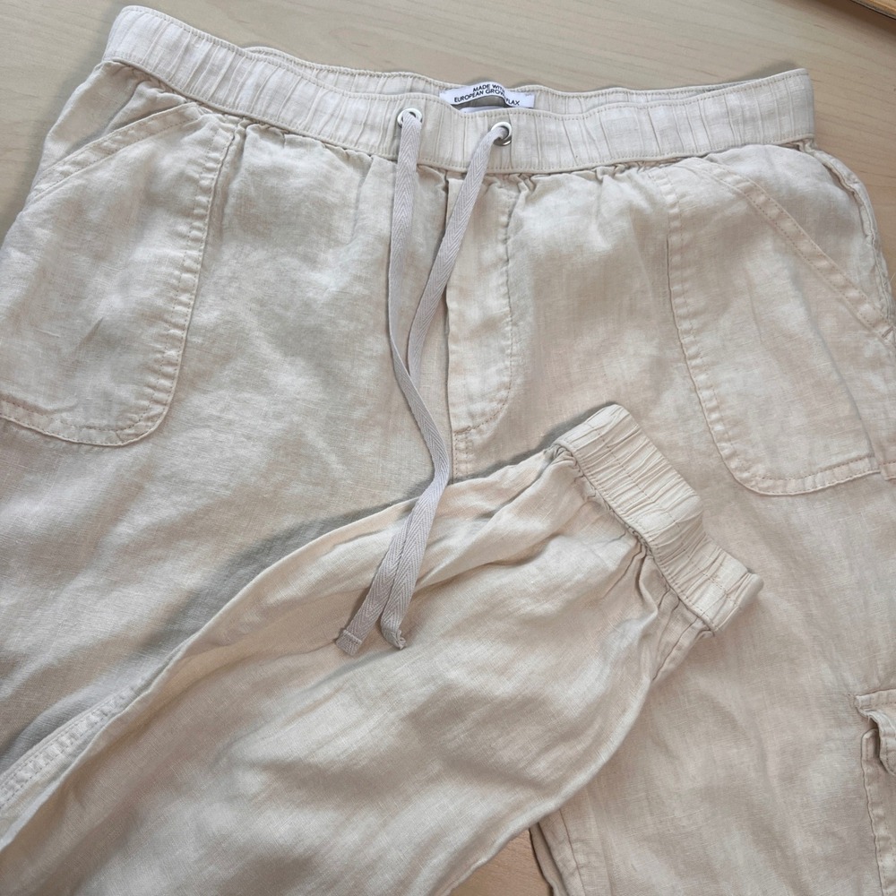 Nicole Miller Cargo Joggers Women L Beige 100% Linen European Flax Drawstring
